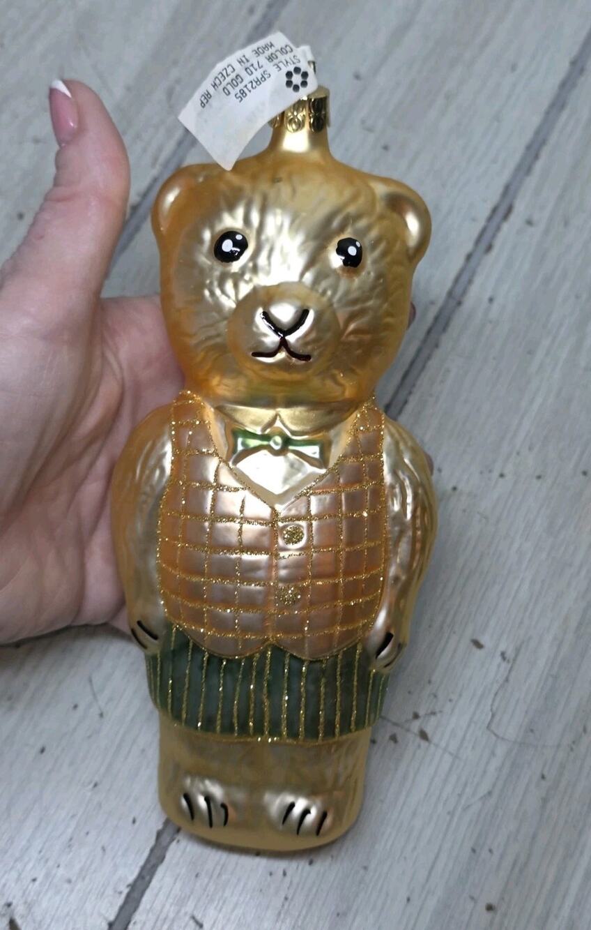 Vtg Large Blown Glass Teddy Bear Christmas Ornament Czech Republic 8" Holiday